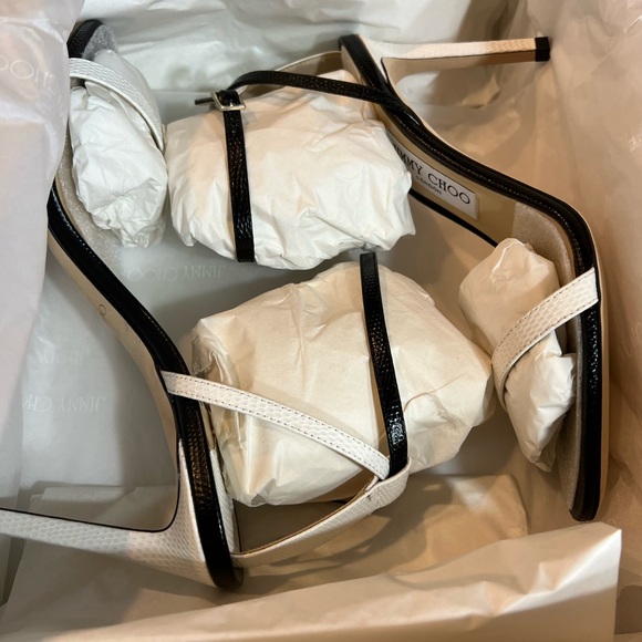 Jimmy Choo Minny 85 mm Lizard Mini Printed Leather Black White Mix Sandal Heels - Picture 10 of 12